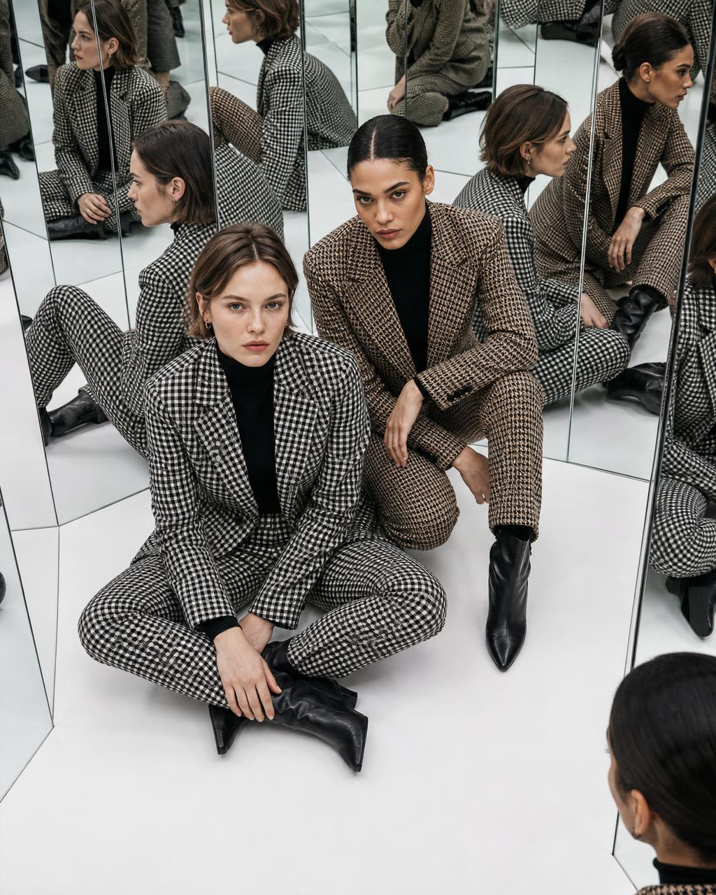 Editorial portrait of the IF_questions founders in tailored checkered suits, reflected in a mirrored room