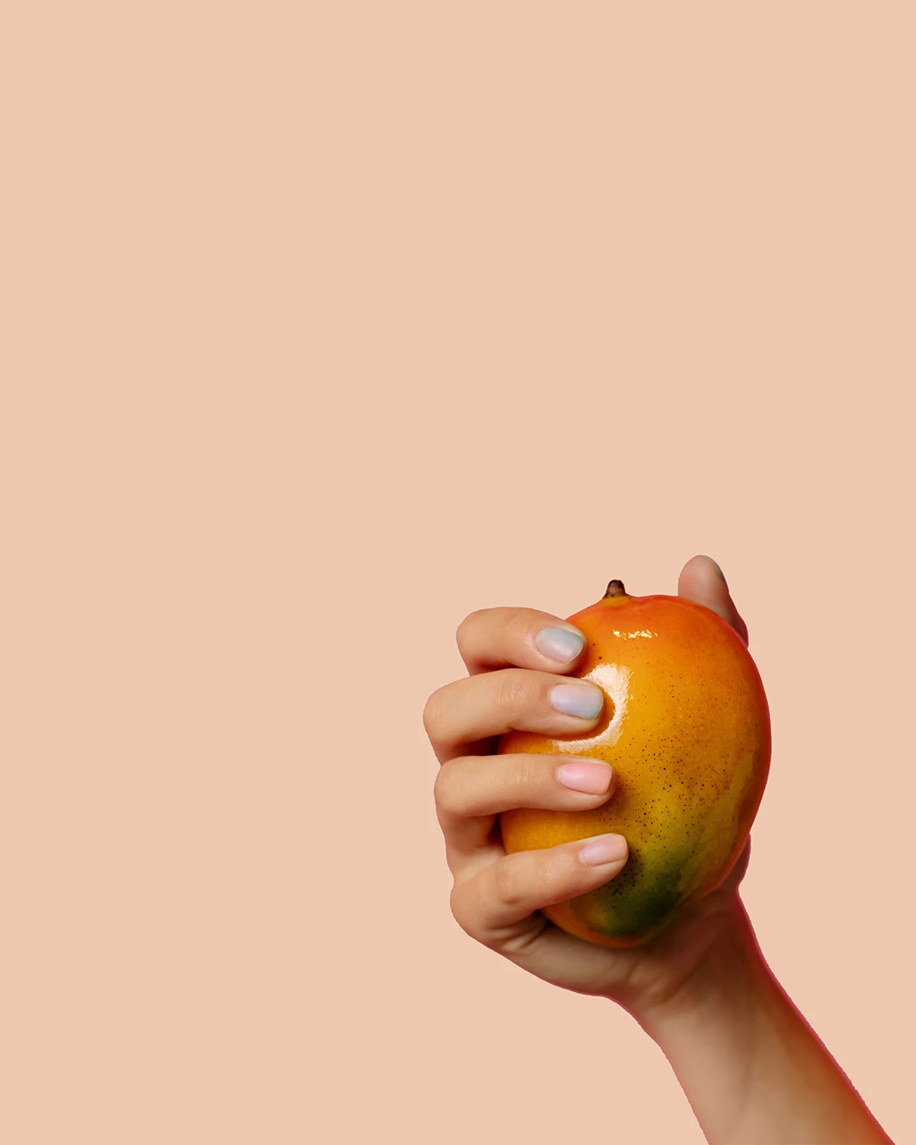 A hand holding a ripe mango against a warm peach background — the raw matter behind fruit leather