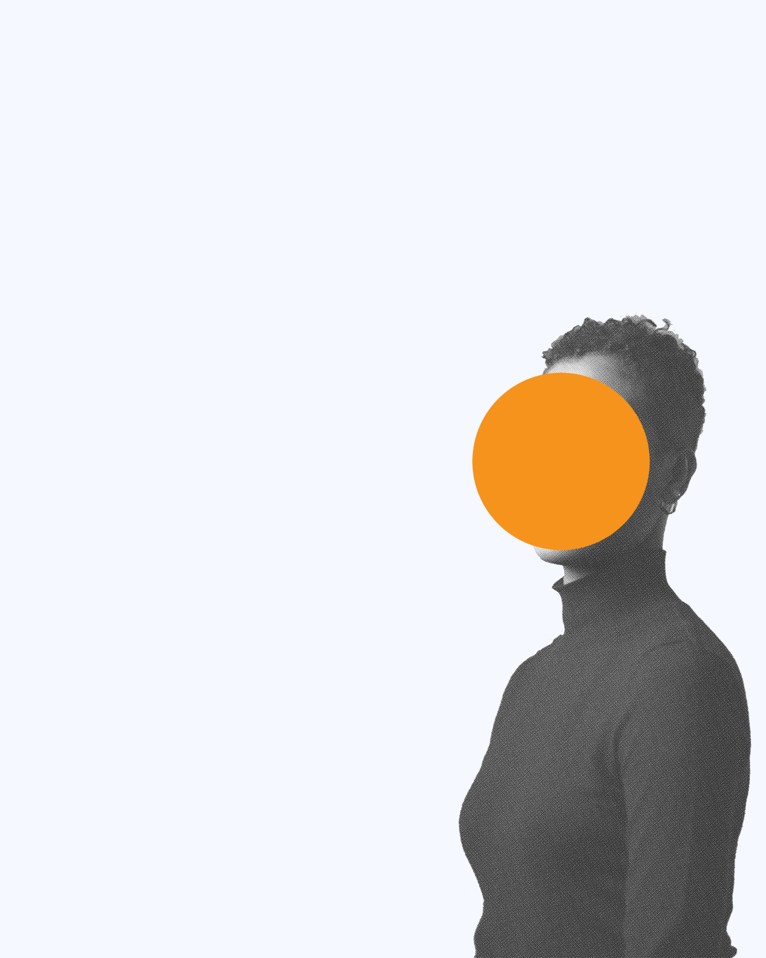 A silhouetted figure in a dark turtleneck against a white background with a bold orange circle over the face
